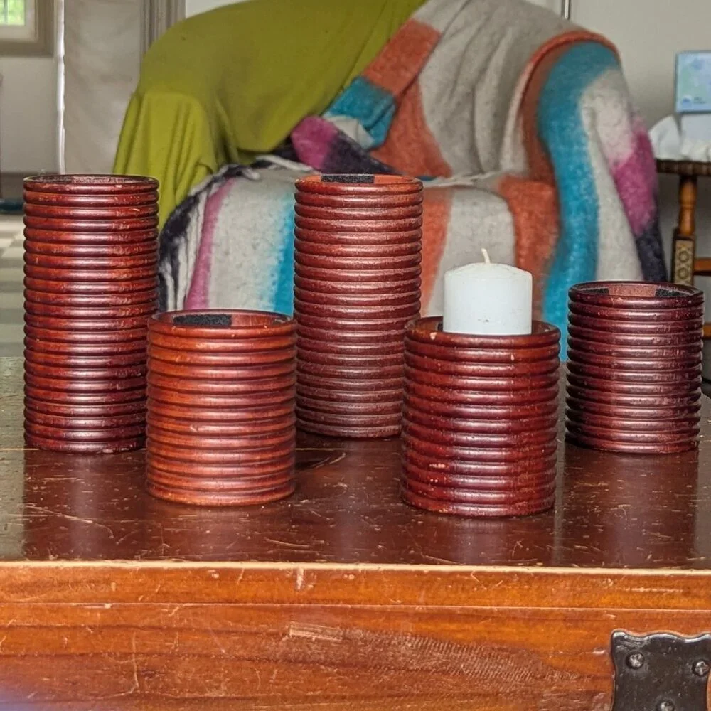 Ribbed Wooden Candle Holder Votive Coastal MCM Pier 1 Boho 5 CT  Beach 70's 80's